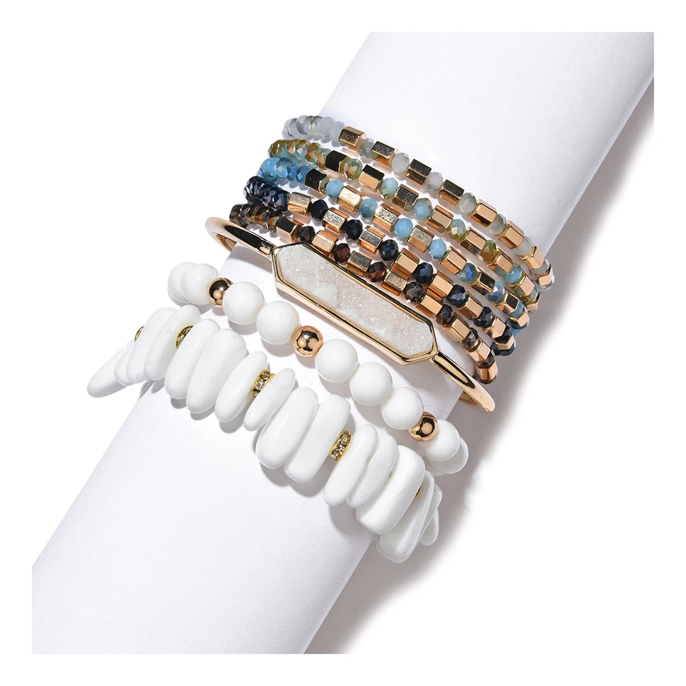 Natural Stone Bracelets Set For Women Chic Quartz Druzy White Howlte Agates Cut Crystal Bead Bracelet Open Cuff Bangles BCSET307