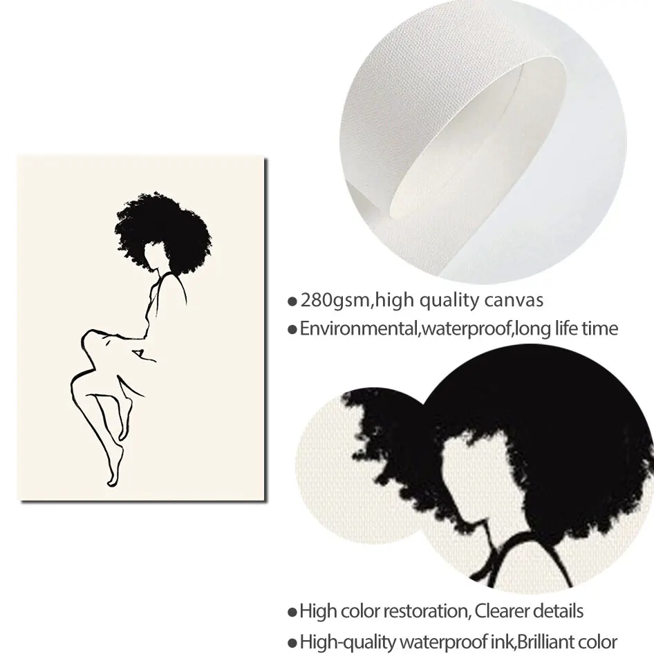 Nude Line Art Print Wall Art Black Woman Female Figure Minimalist Drawing Woman With Afro Feminist Natural Hair Canvas Painting