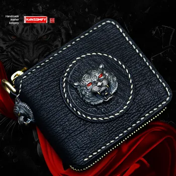 

Handmade wallet men's short wallet male shark leather zipper wallets retro clutch bag leather vertical men card holder wallets