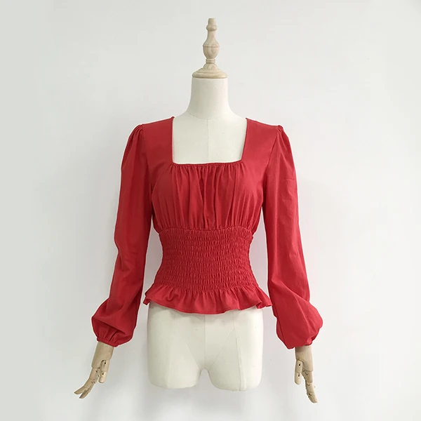 Red OOTN, квадратный воротник, оборки, женская блузка, элегантная,, длинный рукав, жабо, туника, топы, рубашка, женская, розовая, красная, эластичная талия, баска, Топ - Цвет: Red