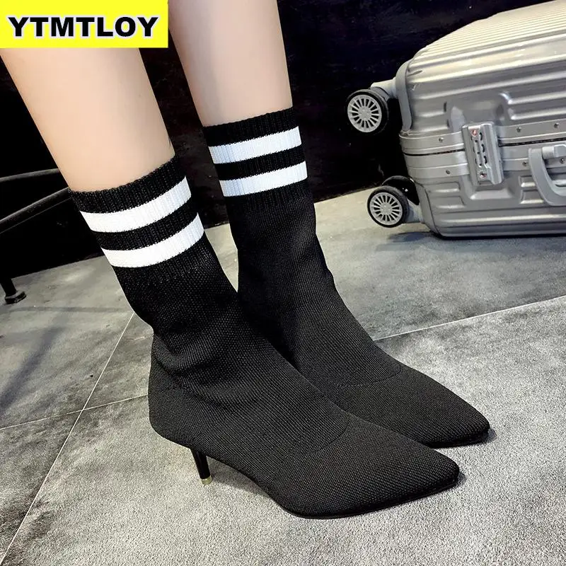 

Style Pointy Toe Boots Knitted Stretch High Heels Women 2019 Brand Fashion Ankle for Winter Shoes Sock Shoes High Boots