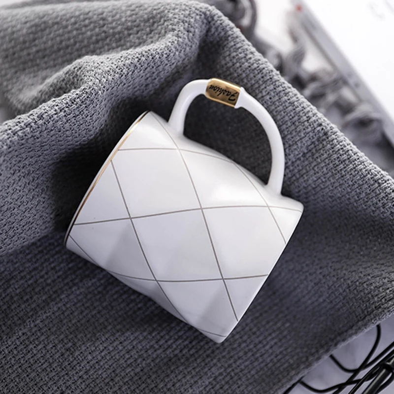 White Nordic Golden Grid Geometry Ceramic Coffee Mug Porcelain Juice Drinking Cup Coffee Milk Tea Cup - Цвет: White