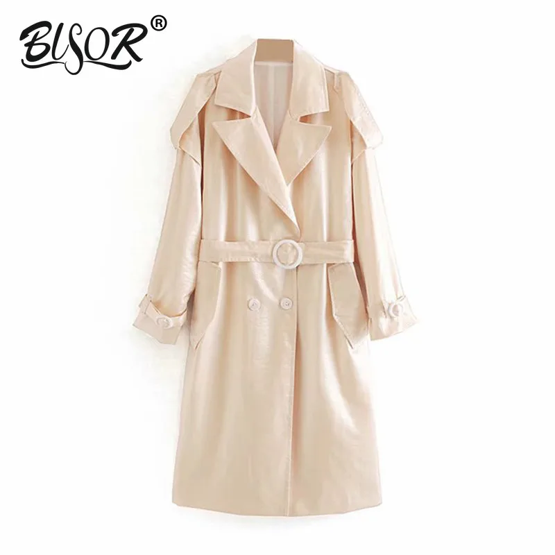 

Loose Solid With Belt Pockets Trench Coat Women 2019 autumn vogue Crossed V Neck Long Sleeve Chic Outerwear Casual Ropa Mujer