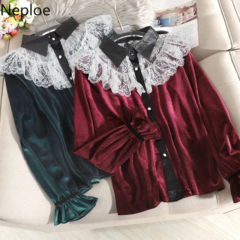 Neploe, кружевная Лоскутная Блузка с оборками, расклешенная, длинный рукав, отложной воротник, Вельветовая, одна грудь, Blusas, осень-весна, новая рубашка