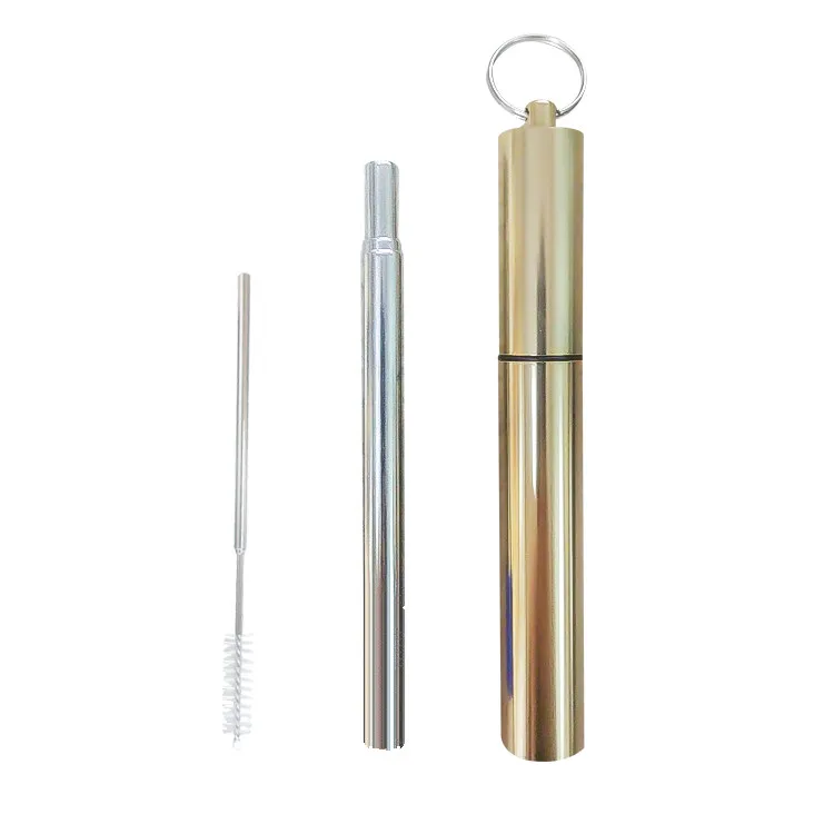gold 100 компл./лот складные многоразовые питьевые соломки, Нержавеющая сталь металлическое телескопическое соломенная шляпа с Алюминий чехол и щеточка для чистки - Цвет: gold