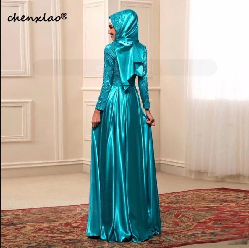 Robe De Soiree элегантные трапециевидные мусульманский с длинным рукавом Вечерние платья, аппликации из кружева вышитое Блестящим Бисером со складками вечерние платья