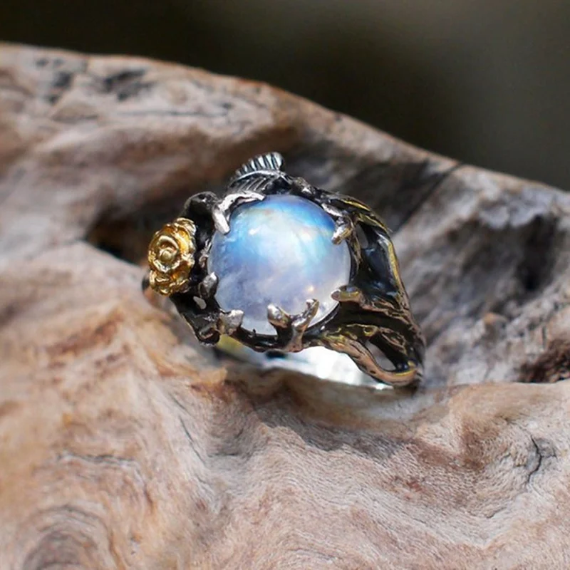 Crystal Rings Engagement Rings Stone Rings Fashion Rings Finger Rings Fashion Ring Metal Rings Vintage Retro Tree Leaf Natural Moonstone Stone Rings for Women Engagement Christmas Jewelry Gift