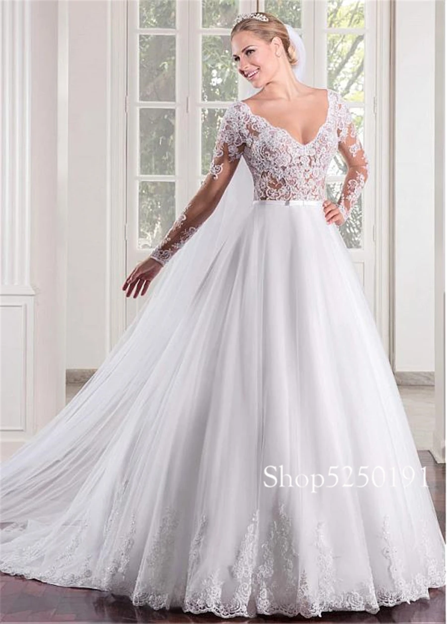 Великолепный Тюль v-образным вырезом декольте Прозрачный лиф А-силуэт свадебное платье с длинными рукавами Иллюзия сзади свадебные платья