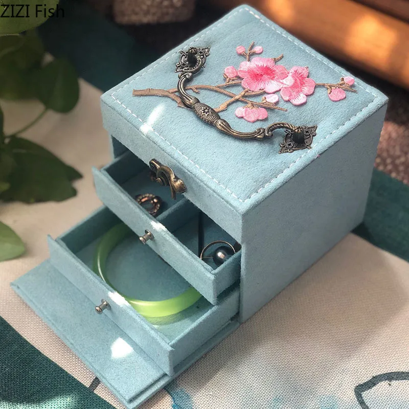 

Портативный ящик для хранения с цветочной вышивкой, винтажная квадратная Двухуровневая коробка для макияжа, органайзер для ювелирных изделий, серег, ожерелий, подвесная стойка