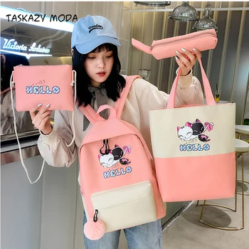 

Fashion 2020 4Pcs/Set Kids Casual Backpack School Backpacks Cute Cat Schoolbag For Teenagers For Girls Student Rucksack New