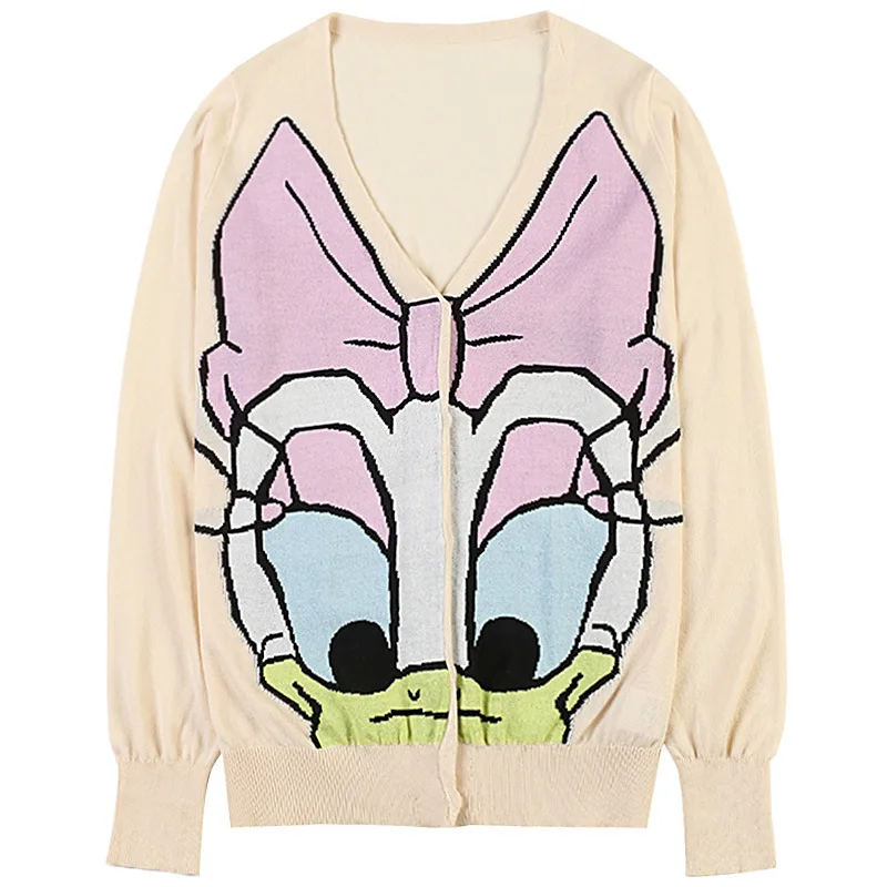Women's Knit Sweater Cardigan Autumn New Women's Cartoon Print Long Sleeve Loose Thin Knit Cardigan - Цвет: yellow