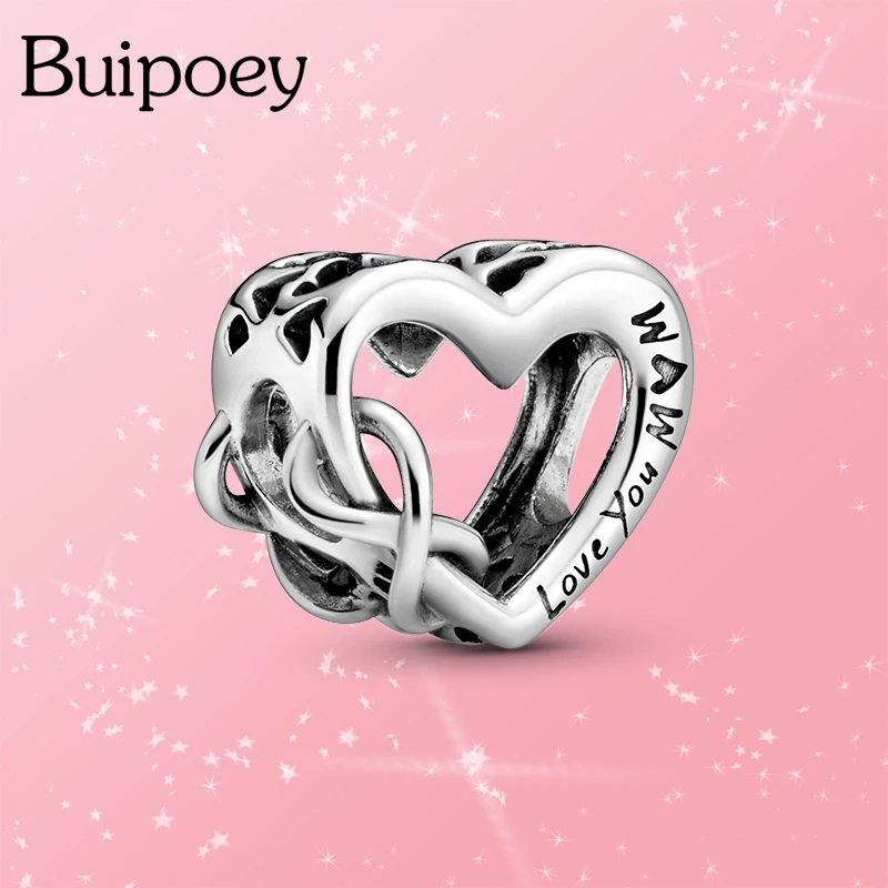 Buipoey цвет серебра талисман Love You Mom вечный символ сердце из бисера Подходит бренды