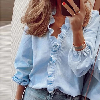 

women summer spring new shirt solid fashion ruffle v neck European American long sleeve slim pineapple print shirt ladies tops