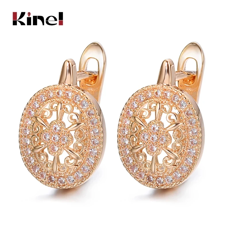 Kinel Luxury Wedding Zircon Stud Earrings Hollow Flowers Oval Earrings Beautiful For Women 585 Rose Gold Engagement Jewelry