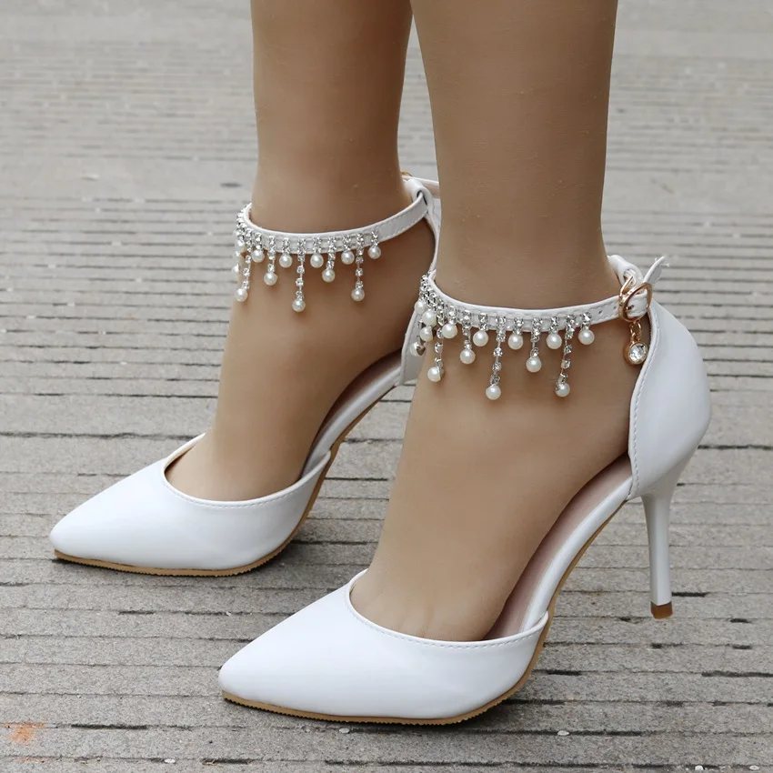 

Fringed beaded large size womens shoes stiletto pointed white wedding shoes simple elegant high heels temperament single shoes