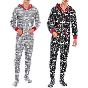 

Men Sleeping Romper Warm Stockings Loose Elastic Christmas Elk Snowflake Printed Hooded Leisure Jumpsuit With Pockets