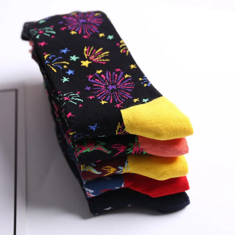 Woman Socks Colorful Firework New Year Socks Art Print Sock Ethnic Style Sock Cotton Fall Winter Long Soks High Sock 5 Pairs/set