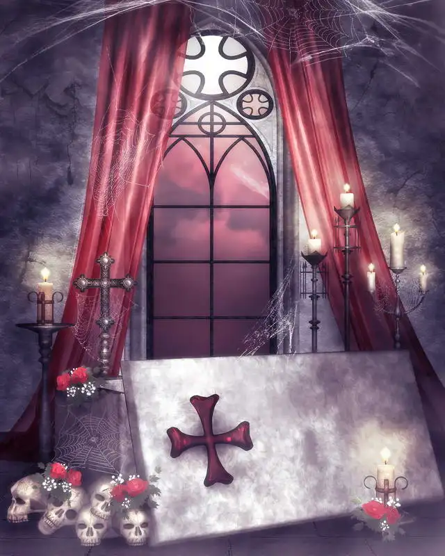 

10x10FT Indoor Red Curtain Window Spider Web Candles Cross Skull Halloween Custom Backdrop Photo Studio Background Vinyl 10x12