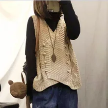 Ретро Весна вязаный свободный двухрядный диск пряжки v-образным вырезом сплошной жилет без рукавов