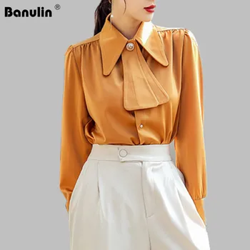 

Casual yellow long sleeve women blouse shirt Summer spring neck tie blouses shirt Elegant work wear loose female solid top