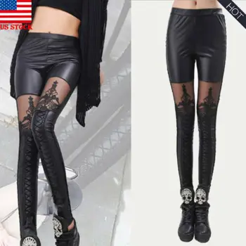 

Hirigin Spring Autumn Women's Lace-up lace leather pants Stretchy Pants Faux Leather Patchwork Skinny Leggings Pencil Trousers