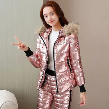 

Glossy Duck Down Jacket Pants 2 Two Piece Set Winter Warm Fur Collar Hooded Parka Coat Female Ski Suit Women Casual Tracksuits