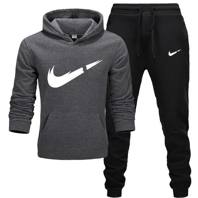 New Fashion Hoodies Men Sport suit Sweatshirt+Sweatpants Suits Casual Long Sleeve Pullover Hoodie clothing - Цвет: Dark grey-black-B