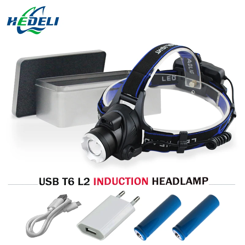 

headlight sensor hunting Fishing USB head lamp 18650 rechargeable headlamp flashlight xm l2 head torch waterproof camping light