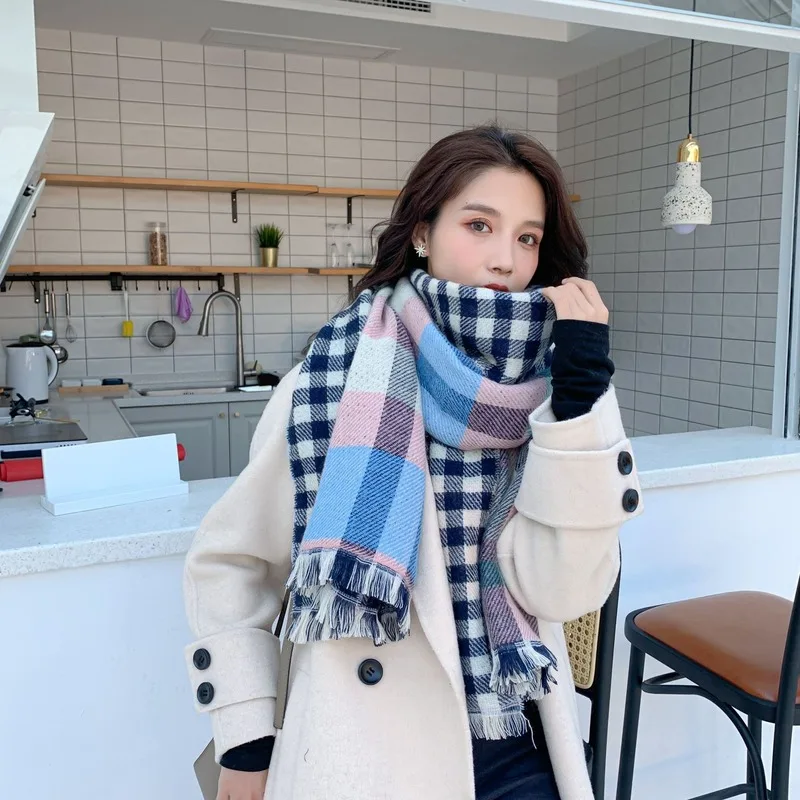 

Scarf female autumn and winter new tassel double-sided thickening to keep warm in winter imitation cashmere plaid shawl dual-use