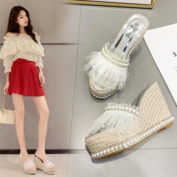 

2020 Women Crystal 11.5cm High Heels 5cm Platform Wedges Sandals Weaving Summer Slides Colorful pearl Slippers Gold silver Shoes