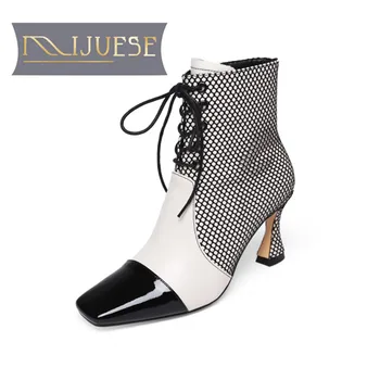 

MLJUESE 2021 women ANKLE boots Cow leather Winter short plush Square Toe zipper Mixed Colors High heels female boots size 39
