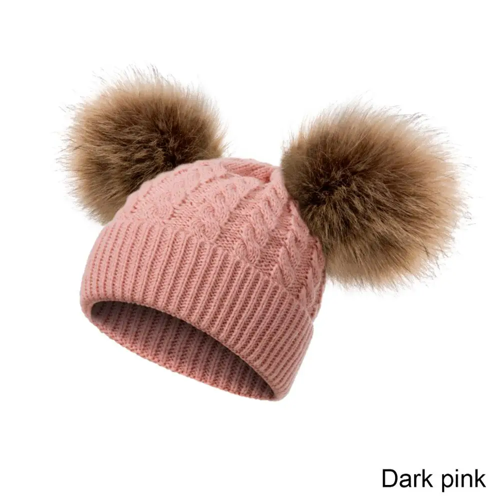 Зимние шапки для детей, вязаная шапка, одноцветная Детская меховая шапка с помпонами для девочек и мальчиков, теплая шапка - Цвет: F