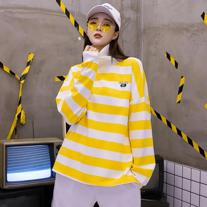 

2019 Autumn And Winter New Korean Academy Style Yellow and White Striped Sweatshirt Turtleneck Long Sleeve Pullover Sweatshirt