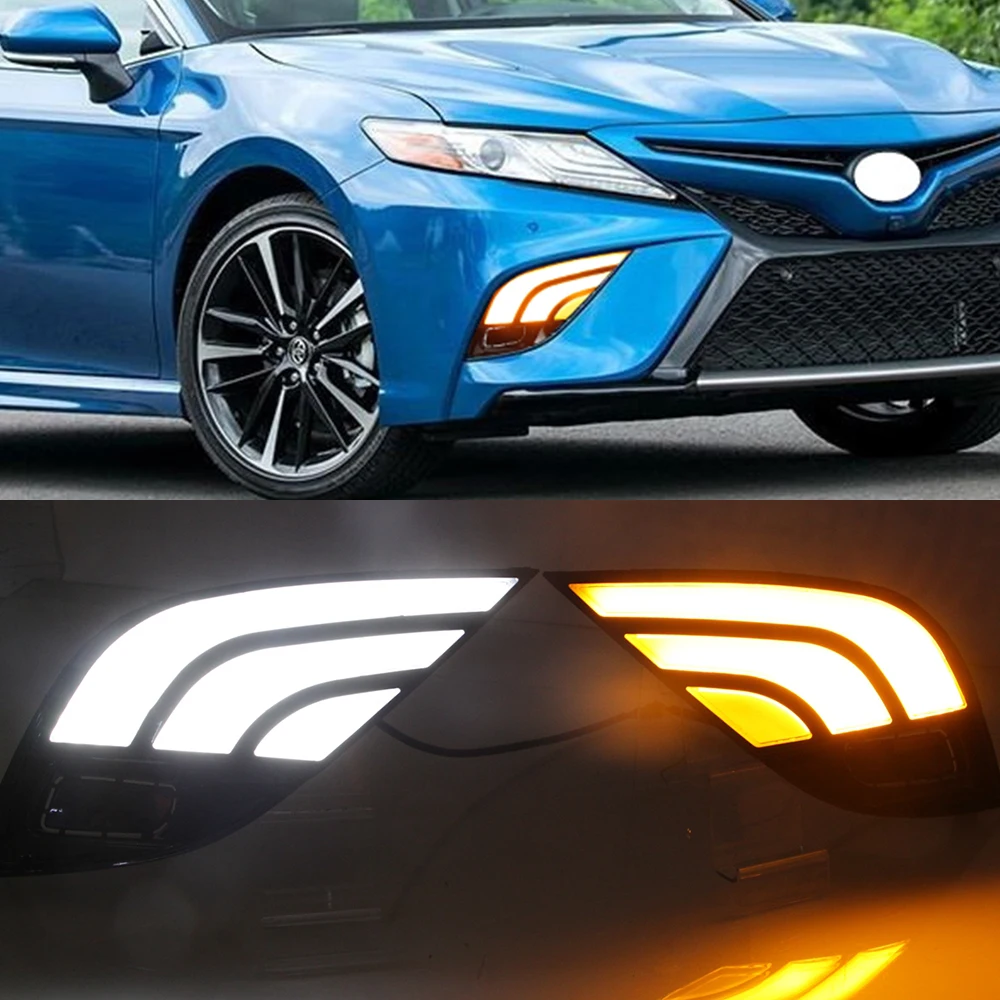 Автомобильный мигающий 1 пара светодиодный светильник дневного света для Toyota Camry XSE SE, светящееся Сигнальное реле желтого цвета, Автомобильный светодиодный DRL - Цвет: White and Yellow