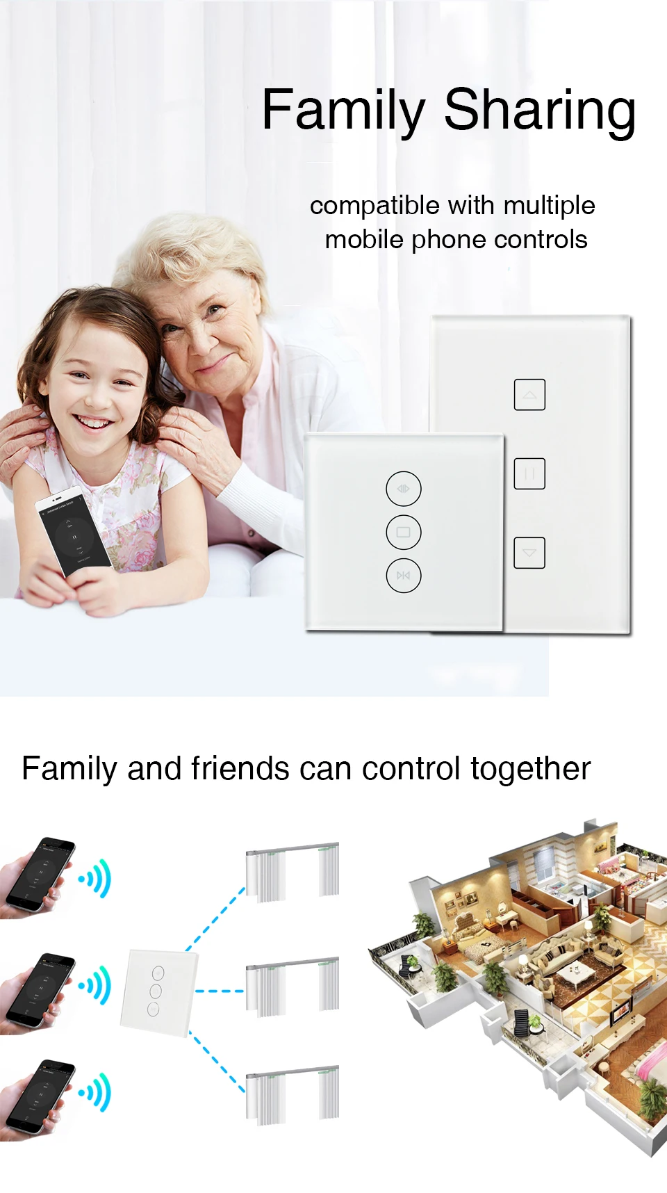 Smart Curtain Switch WiFi Smart Life Tuya APP Electric Motorized Curtain Blind Roller Shutter Works with Alexa and Google Home