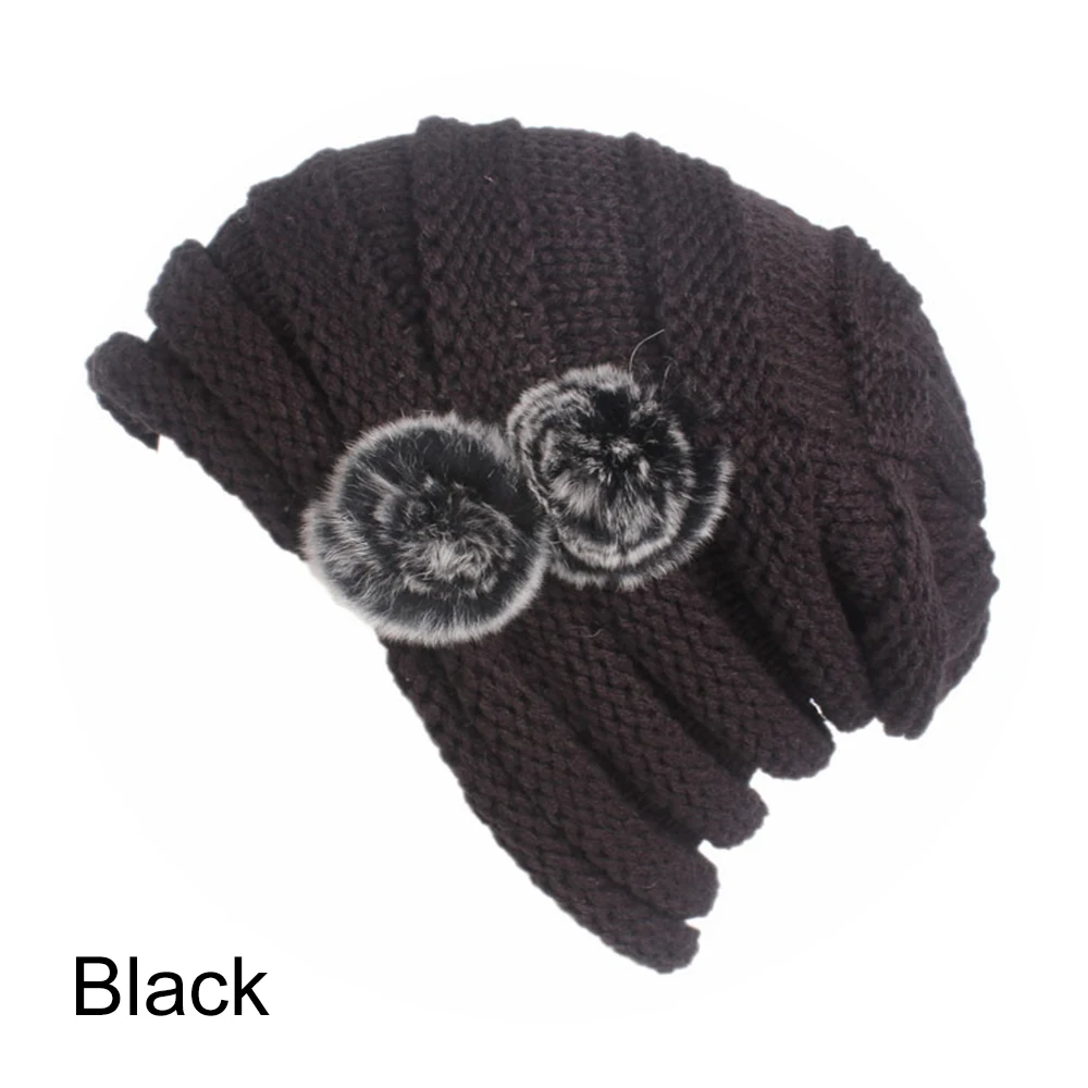 black Зимняя теплая женская шапка, мягкая Вязаная Шапка-бини, женская вязаная Лыжная шапка с искусственным мехом, помпон, шапка-тюрбан, модная шапка - Цвет: black