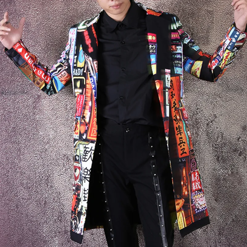 Men Hip Hop Dancer Singer DJ Suit Coat Outerwear Stage Clothes Vintage Fashion Slim Fit Pattern Print Long Blazer Jacket mens suits