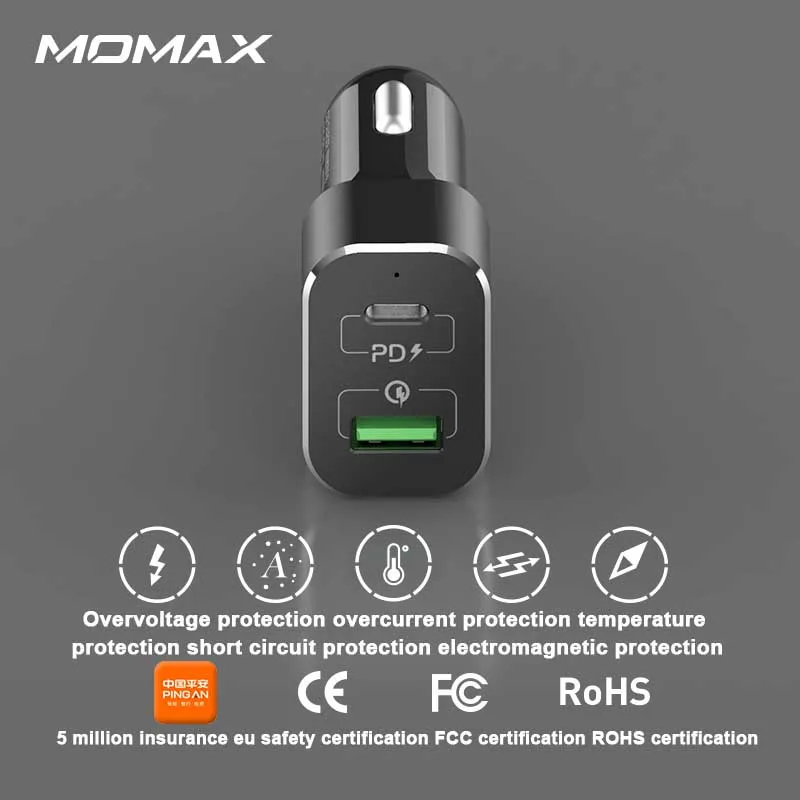 Momax PD UC11D QC3.0 автомобильное зарядное устройство 63 Вт Мощность один буксир два 45 Вт ios PD Быстрая зарядка карта застежка прочно поддерживает модели 12-24 В