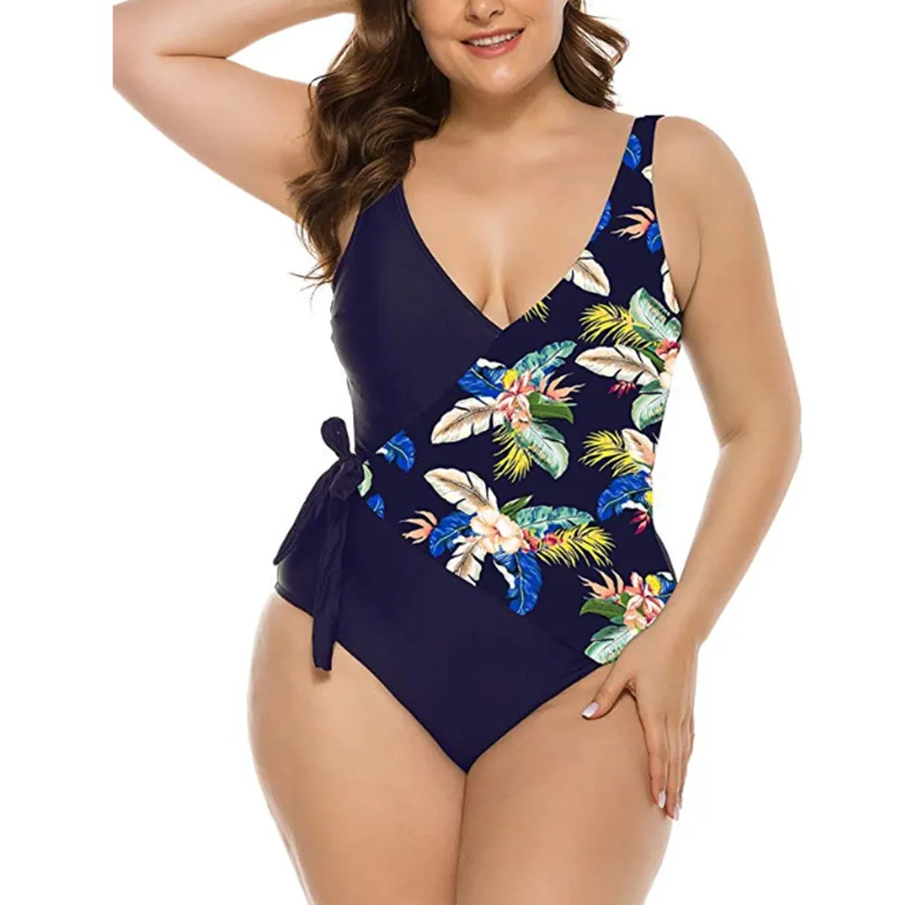 2020 Print Bowknot One Piece Swimsuit V Neck Backless Plus Size Swimwear Tummy Control Bathing Suit Big Size Monokini Set M-3XL