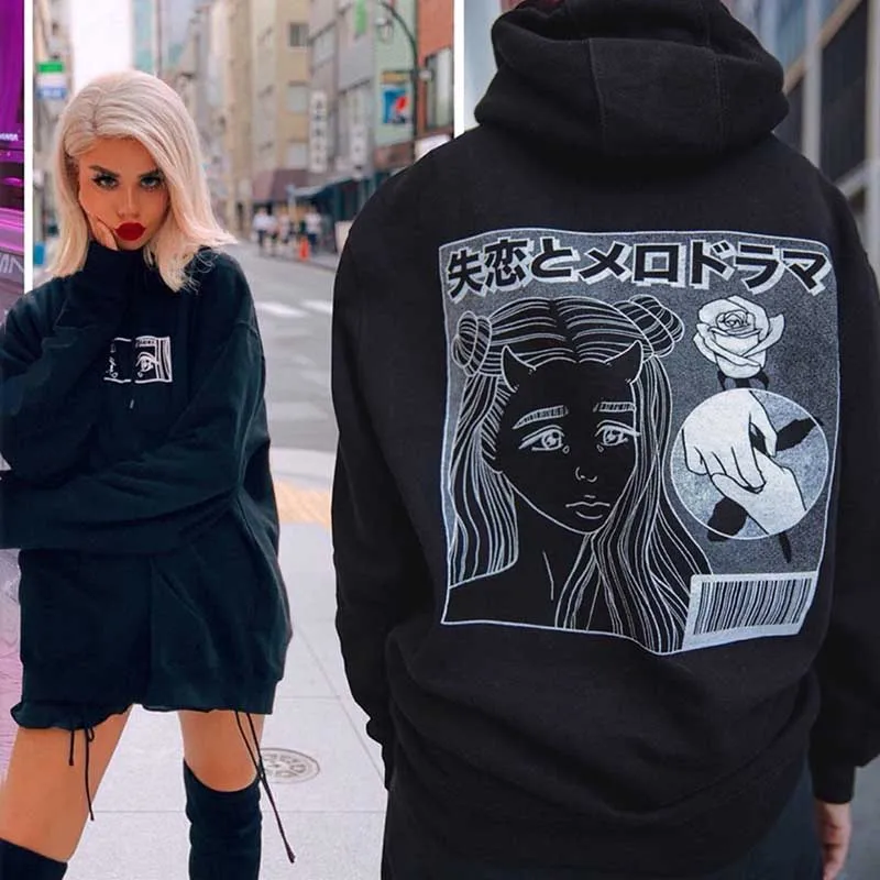 Черный NiceMix мультфильм печати черный Harajuku Готический толстовки Винтаж гранж-панк женские размера плюс толстовки осень зима шик - Цвет: Черный
