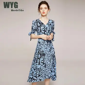 

Unique Designer Elegant Empire Dresses Women 2020 Summer Short Sleeve 100% Real Silk Comfortable Blue Midi Dress