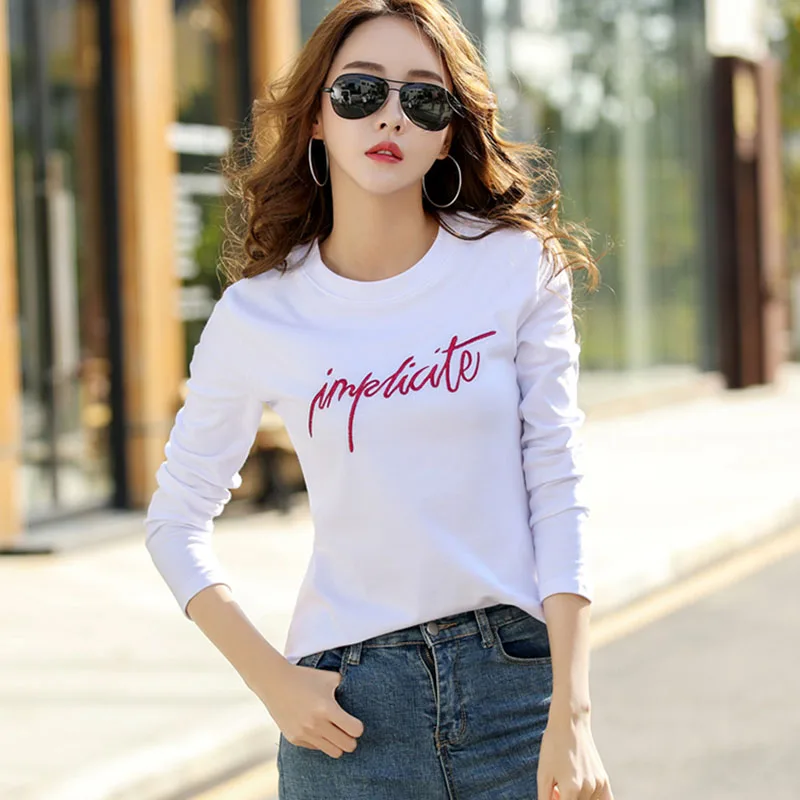

T-shirt Female New 2019 Autumn and Winter Long Sleeves Plus Size S-3XL Shirt Cotton Bottoming Slim Wild Embroidery T Shirt Women
