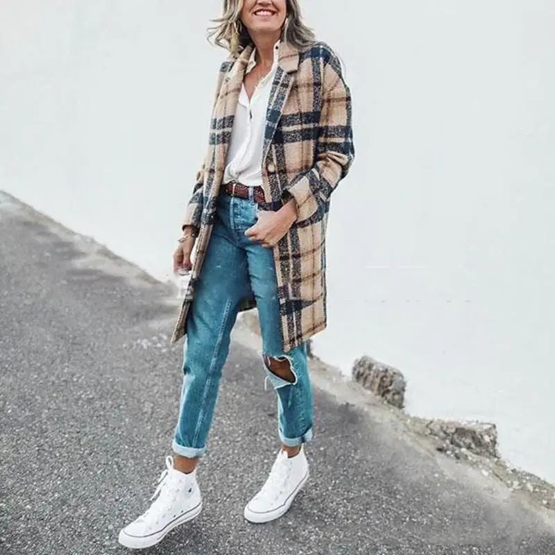

2019 Fall Winter Women Single Breasted Overcoat Coat Turn-Down Collar Loose Plaid Wool Coat Button Long Plus Size Coat
