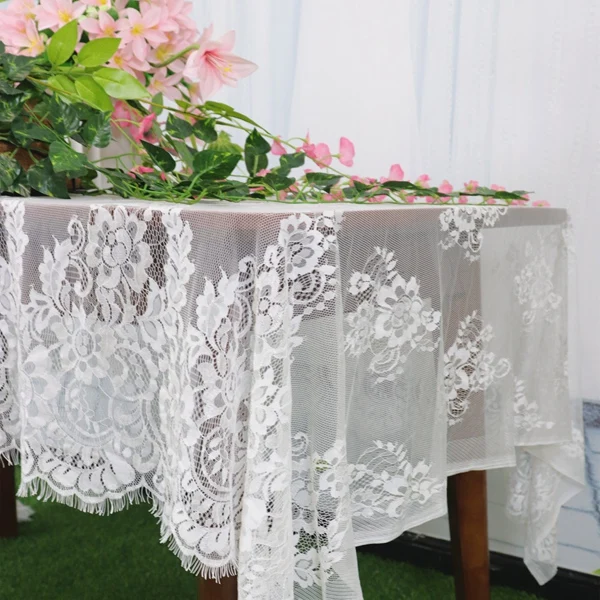 

White Rectangular 60*126 Inch Embroidered Lace Tablecloth Polyester Table Cover For Wedding Home Decoration LT003