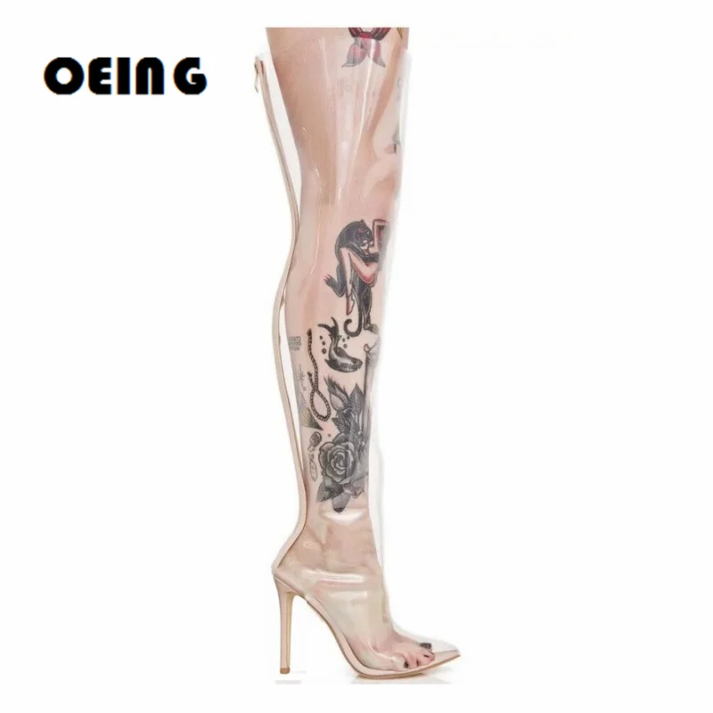 

Summer Women Thick Heel PVC Boots Sexy Pointy Toe Transparent Thin High Boots Plus Size 46 Women's Shoes Zapatos De Mujer 2021