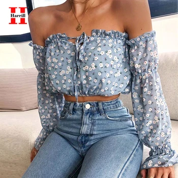 

Fashion Womens Chiffon Blouses Long Puff Sleeve Off The Shoulder Crop Tops Casual Loose Floral Print Blouse Ladies Sexy Corp Top