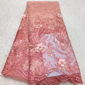 

New 3d flower African Lace Fabric Embroidered Nigerian Guipure for Wedding High Quality 2019 French Tulle Lace Fabric with Beads