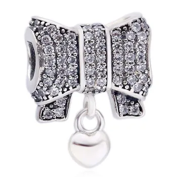 

Original Love Heart And Bow With Crystal Pendant Beads Fit 925 Sterling Silver Bead Charm Bracelet DIY Jewelry