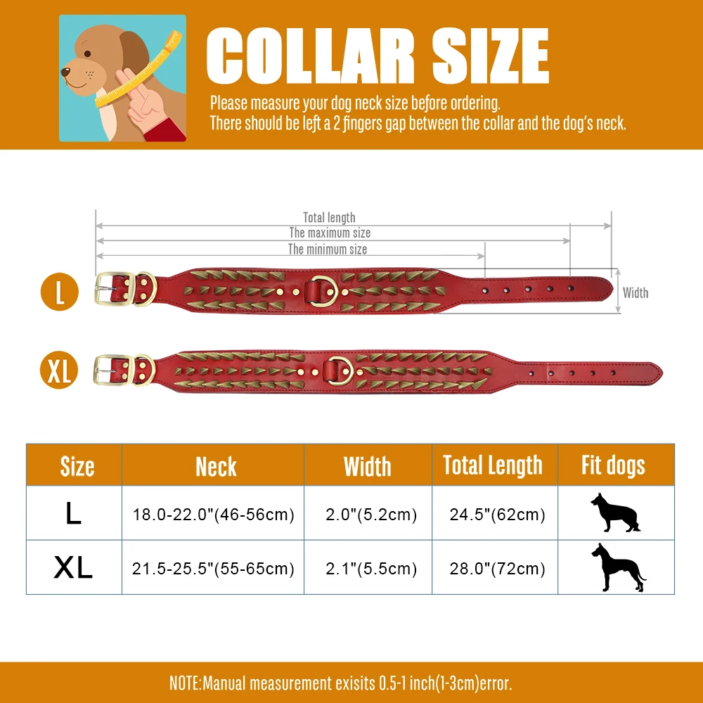 Berry Pet Sharp Spiked Studded Dog Collar - Stylish Leather Dog Collars - 2  Inch in Width Fit for Medium & Large Dogs - Such as Pitbull Mastiff 