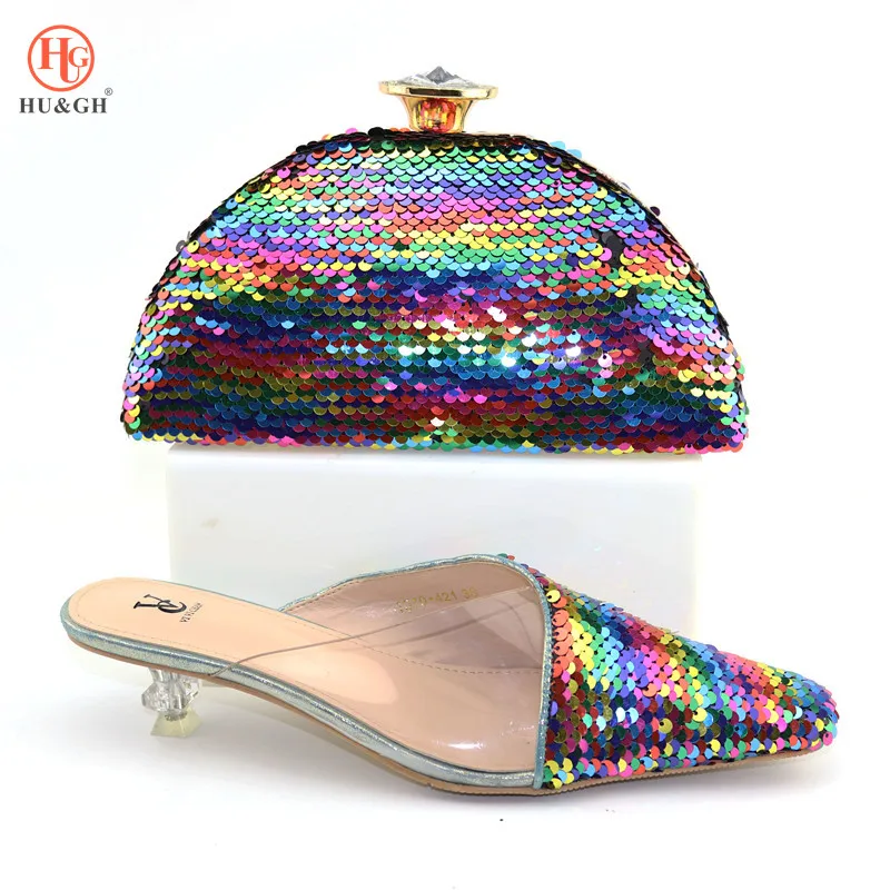 

Italian Shoes with Matching Bag Colorful Sequin Nigerian Women Party Pumps Wedding Shoe and Bag Sets Italian Elegant Pointed Toe